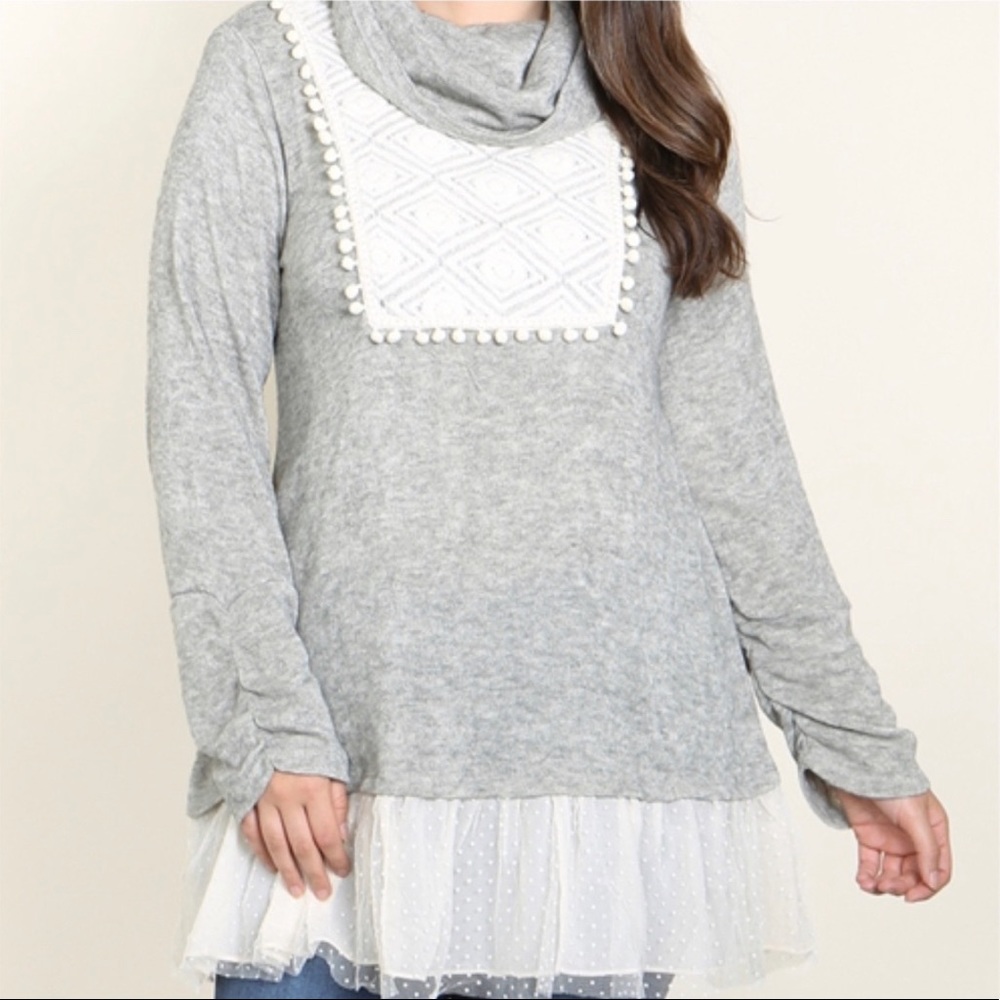NWOT- Ryu A’reve Plus Size Cowl Neck Sweaters with Lace Ruffle Hem